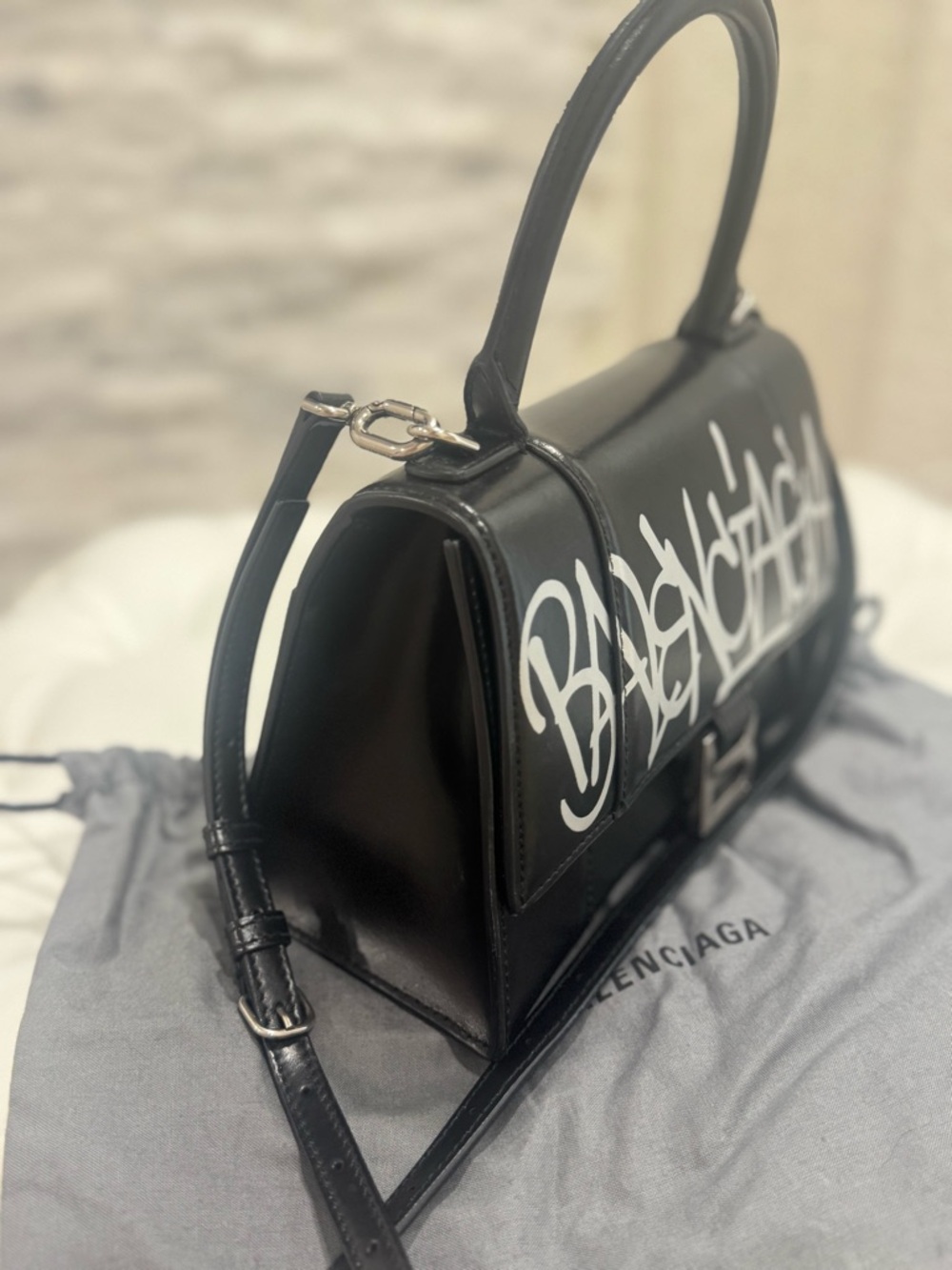 Balenciaga Black Leather Graffiti Hourglass Satchel - Picture 6 of 8
